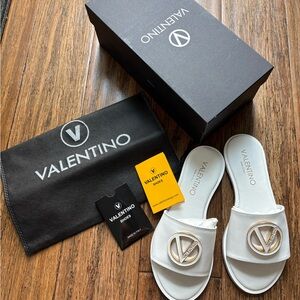 Valentino White Sandals with Gold Logo